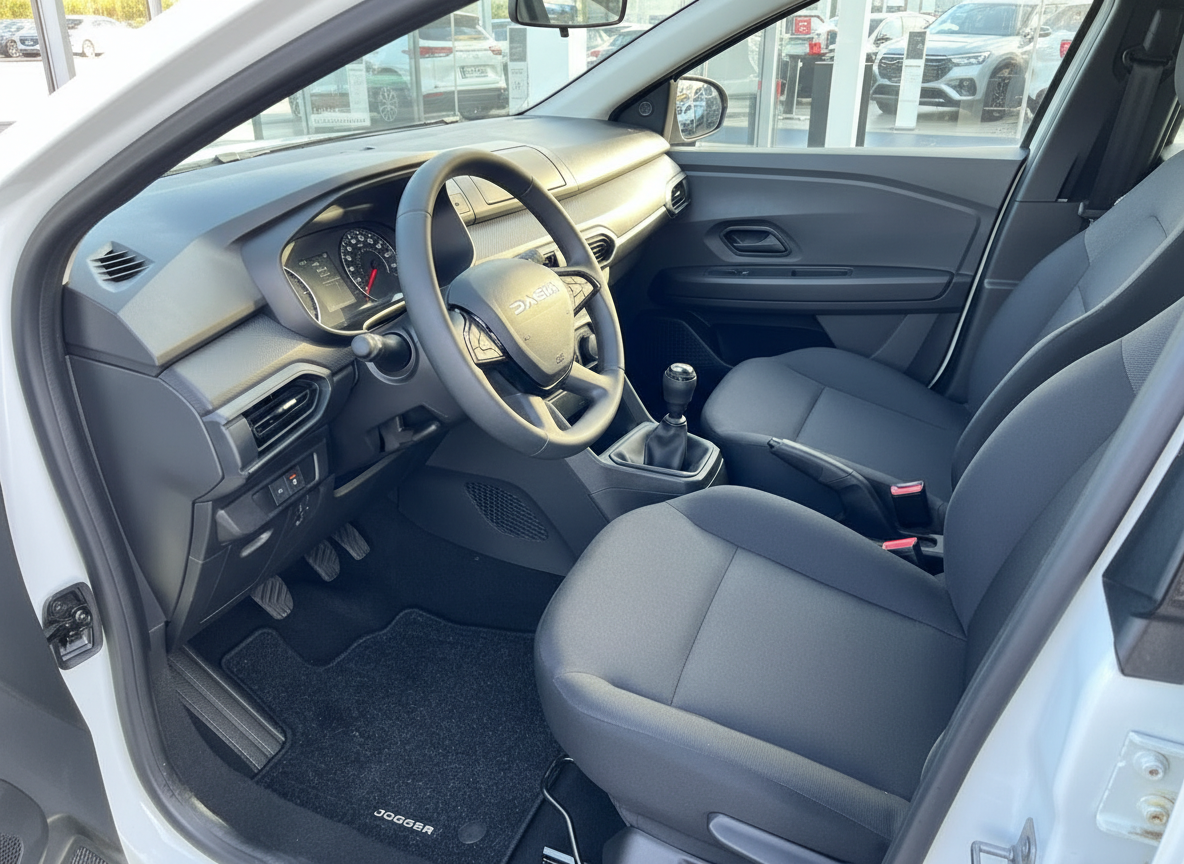 Dacia Jogger Innenraum mit Schaltgetriebe, grauen Stoffsitzen und Dacia-Lenkrad