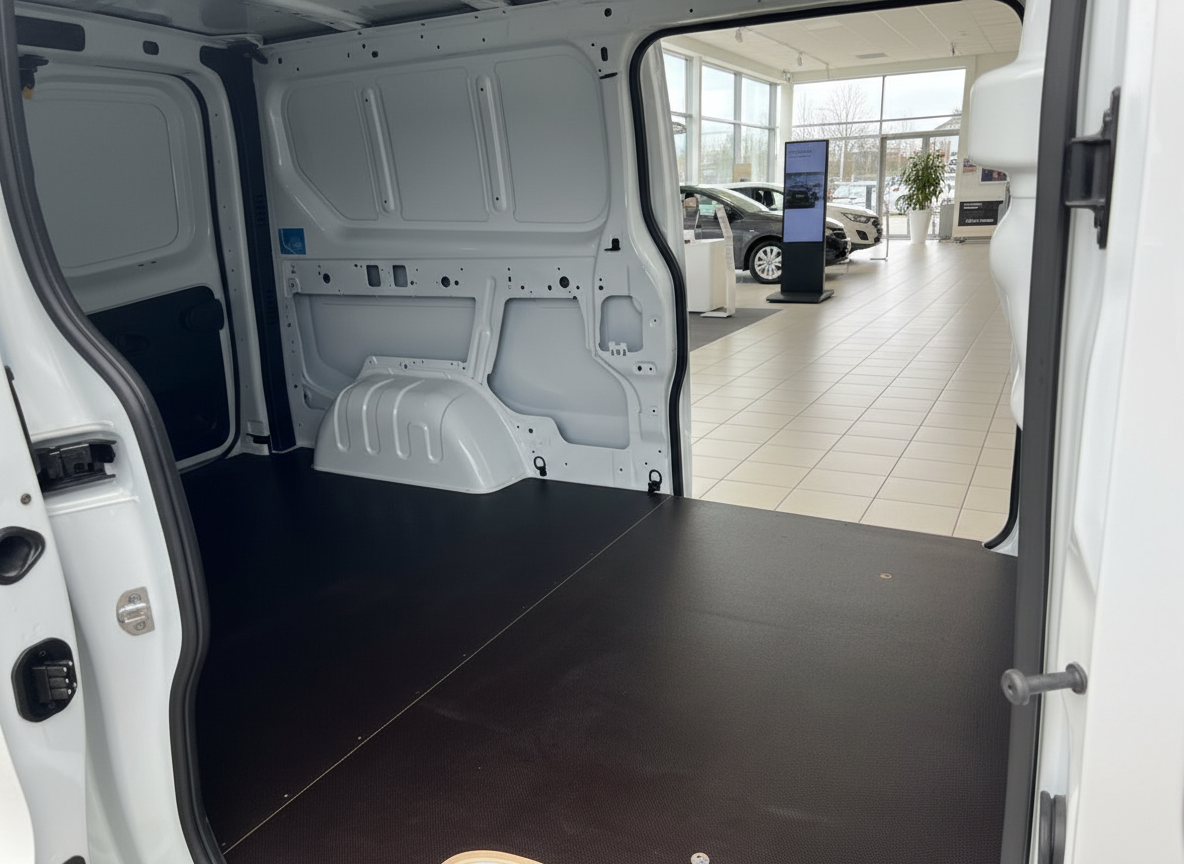 Weißer Transporter Laderaum innen mit schwarzem Boden im Autohaus