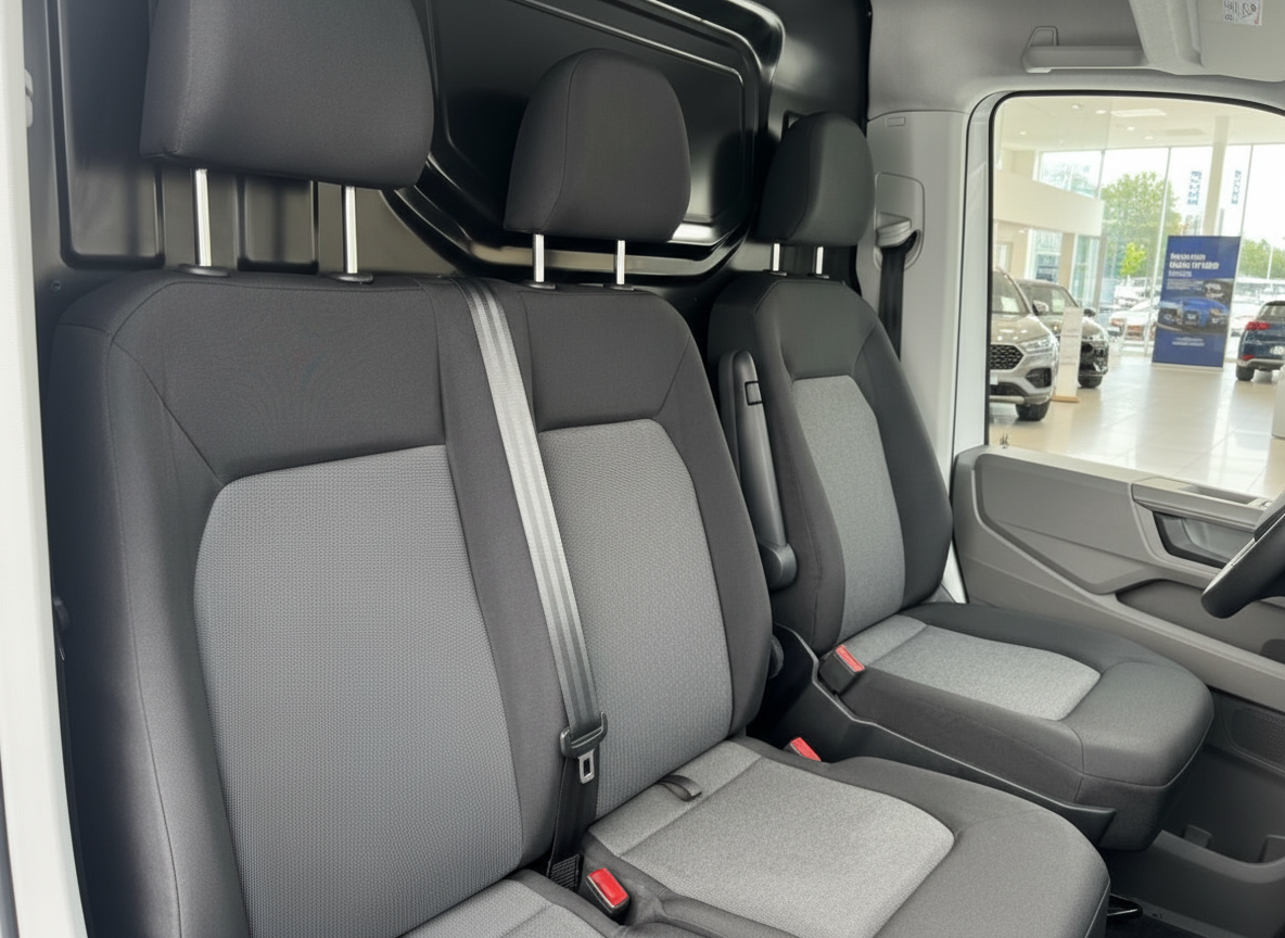 Fahrzeuginnenraum mit grauem Dreisitzer-Vordersitz und Ablageregal im Transporter