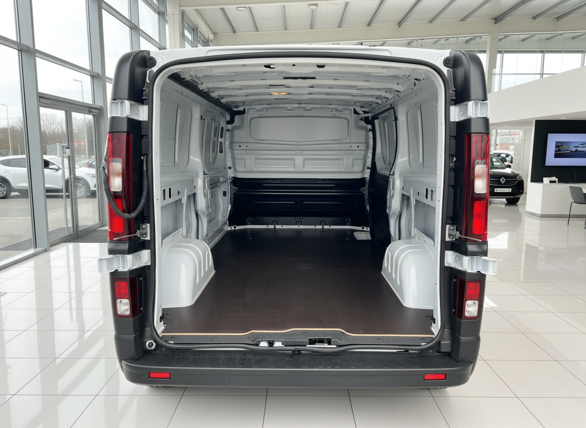 Weißer Renault Trafic Kastenwagen – Laderaum geöffnet von hinten im Autohaus