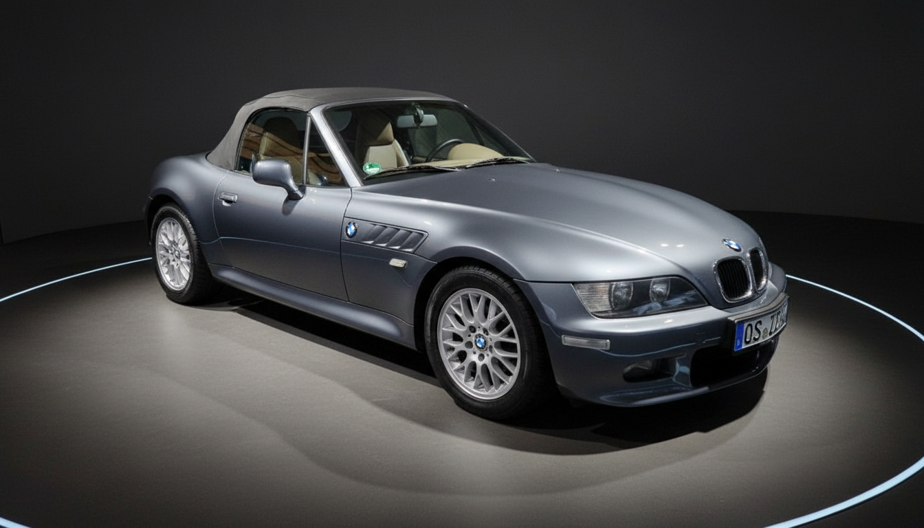 BMW Z3 Roadster in Silberblau Metallic – Cabriolet mit grauem Softtop in Studiobeleuchtung