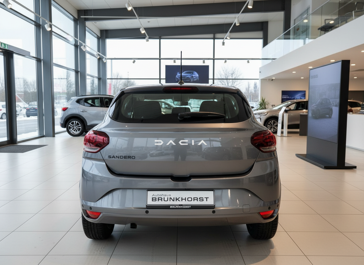Dacia Sandero Heckansicht in Grau im Autohaus Brunkhorst Showroom