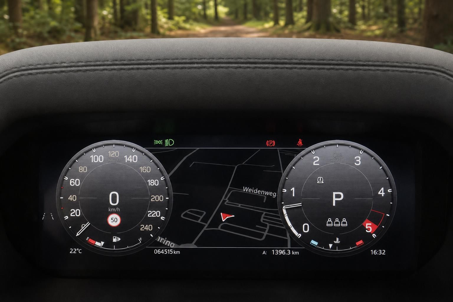 Land Rover Defender Kombiinstrument mit Tacho und Navigation im Wald