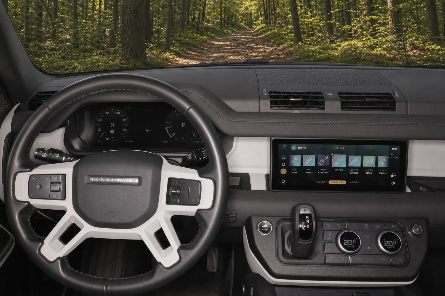 Land Rover Defender Cockpit mit Lenkrad und digitalem Infotainment-Display