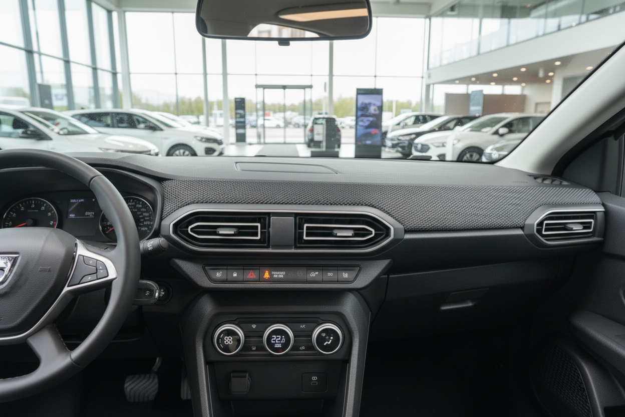 Dacia Innenraum Armaturenbrett mit Klimaanlage und Lenkrad im Autohaus