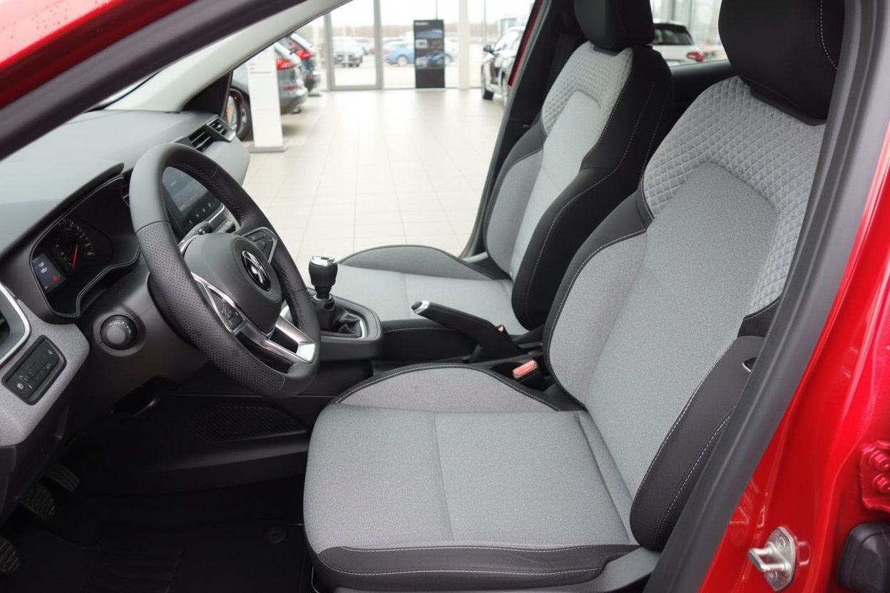 Roter VW Polo Innenraum mit grau-schwarzen Stoffsitzen und Schaltgetriebe im Autohaus