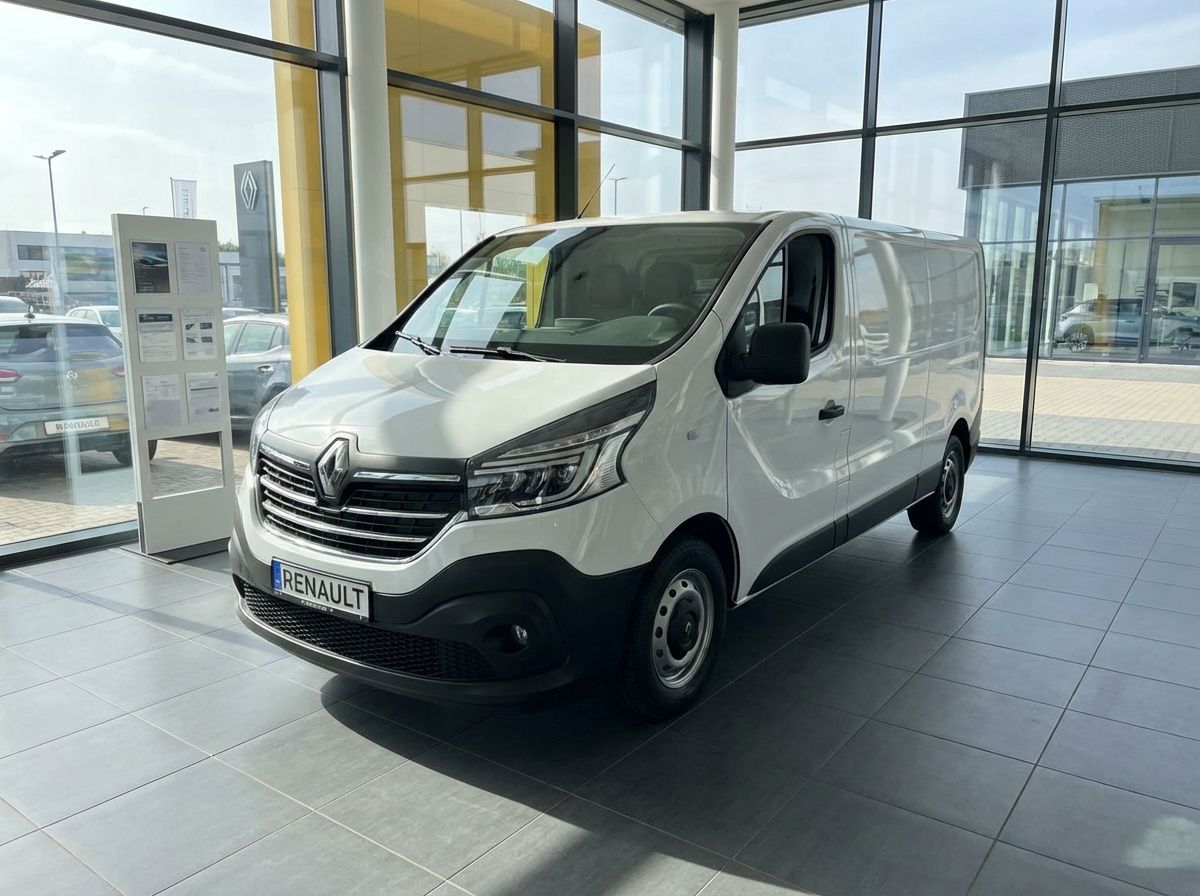 Weißer Renault Trafic Kastenwagen im Autohaus Showroom