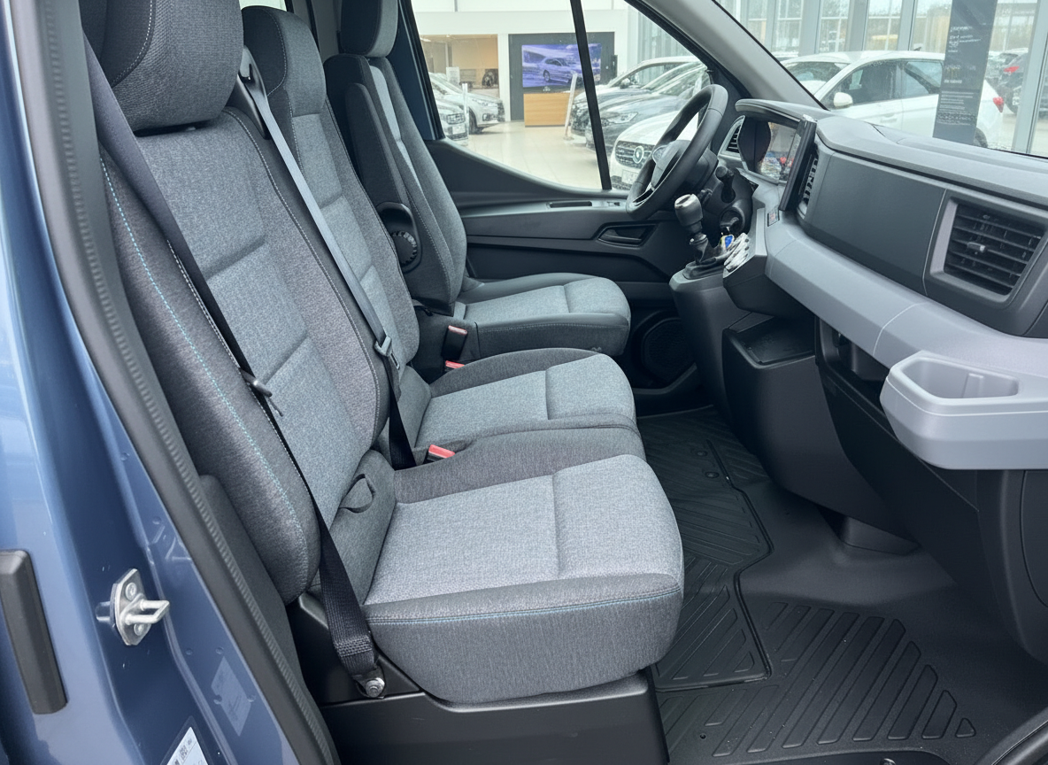 Volkswagen Crafter Innenraum mit Dreisitzer-Kabinenbank und Fahrerarbeitsplatz in grauem Stoffbezug