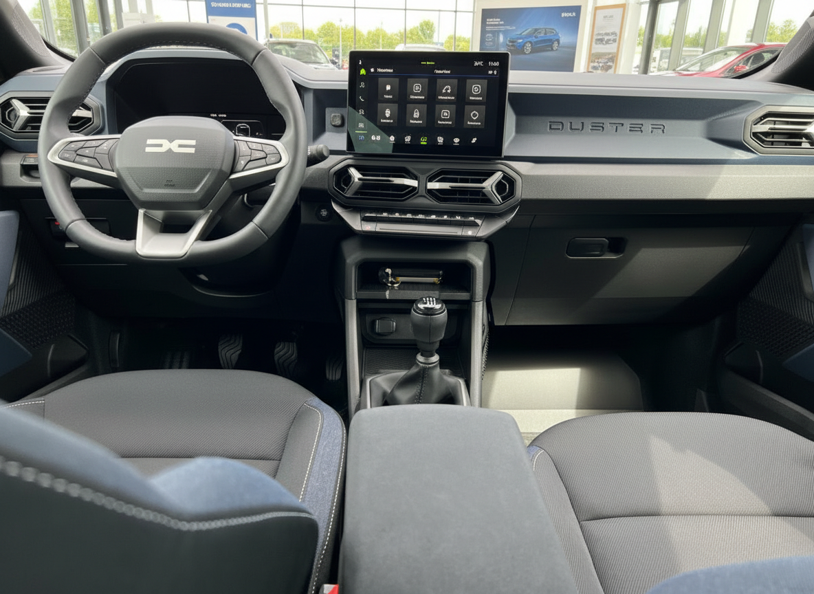 Dacia Duster Innenraum mit Touchscreen, Schaltgetriebe und modernem Cockpit-Design
