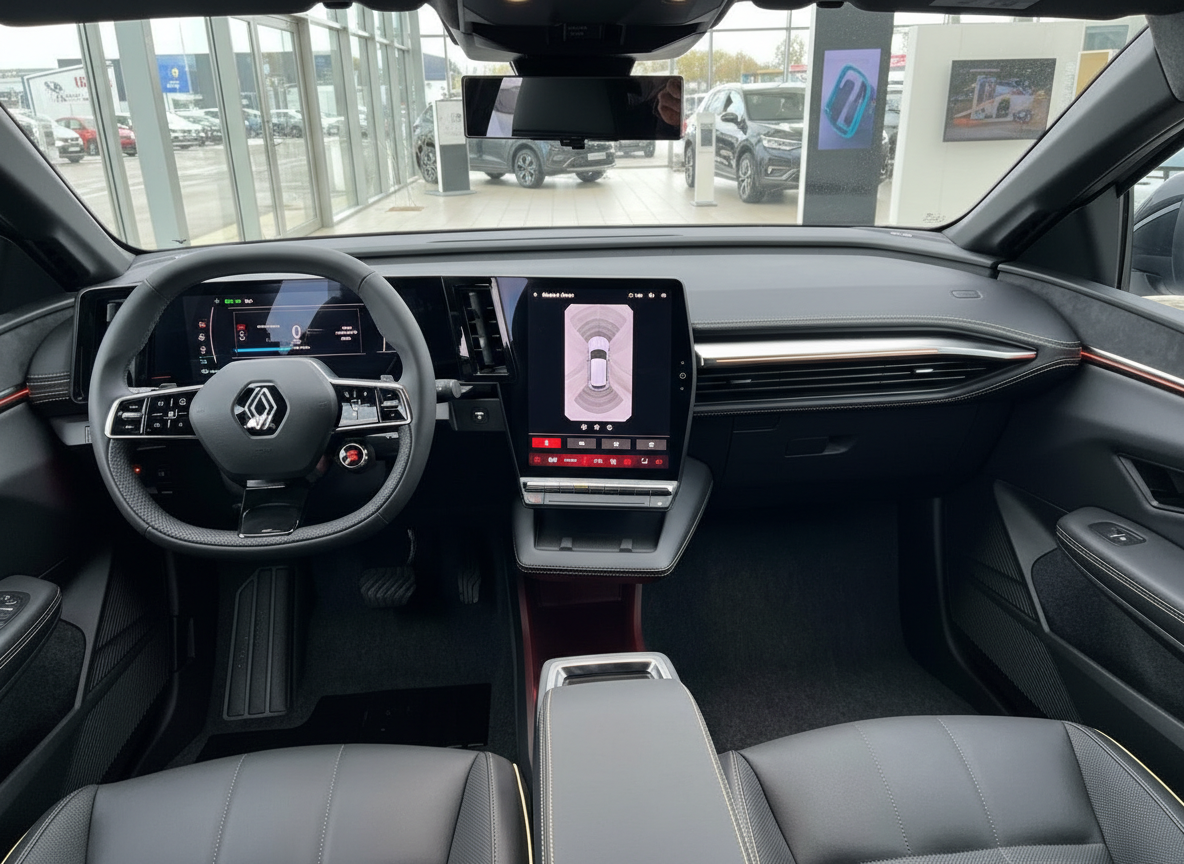 Renault Innenraum mit digitalem Cockpit, großem Touchscreen und schwarzem Ledersitzbezug