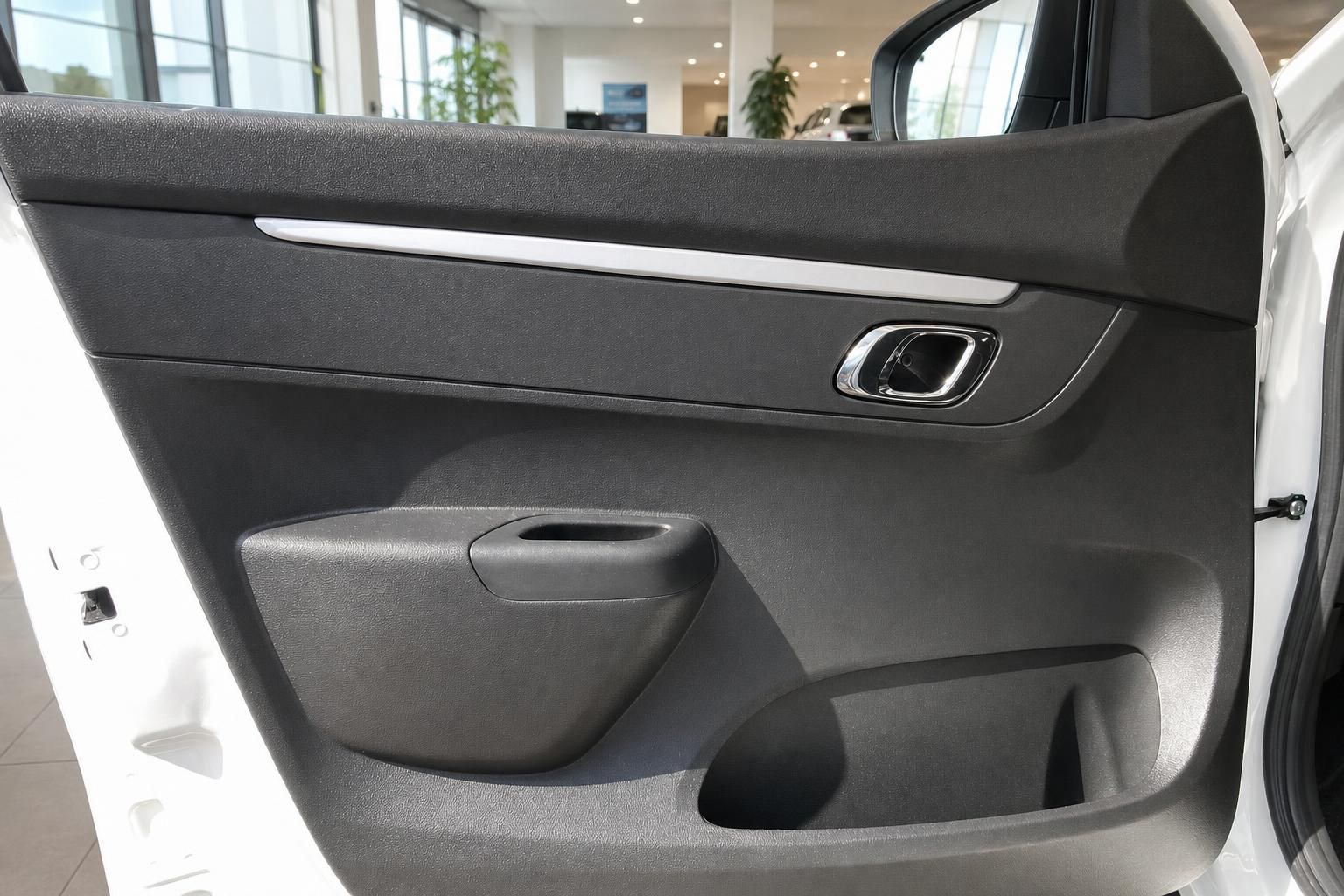 Türverkleidung mit Türgriff und Ablagefach im Dacia Innenraum, weißes Fahrzeug