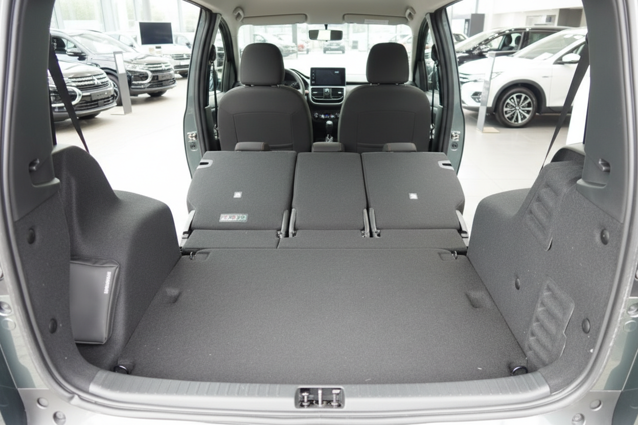 Fahrzeuginnenraum mit umgeklappten Rücksitzen und großem Laderaum in einem Autohaus