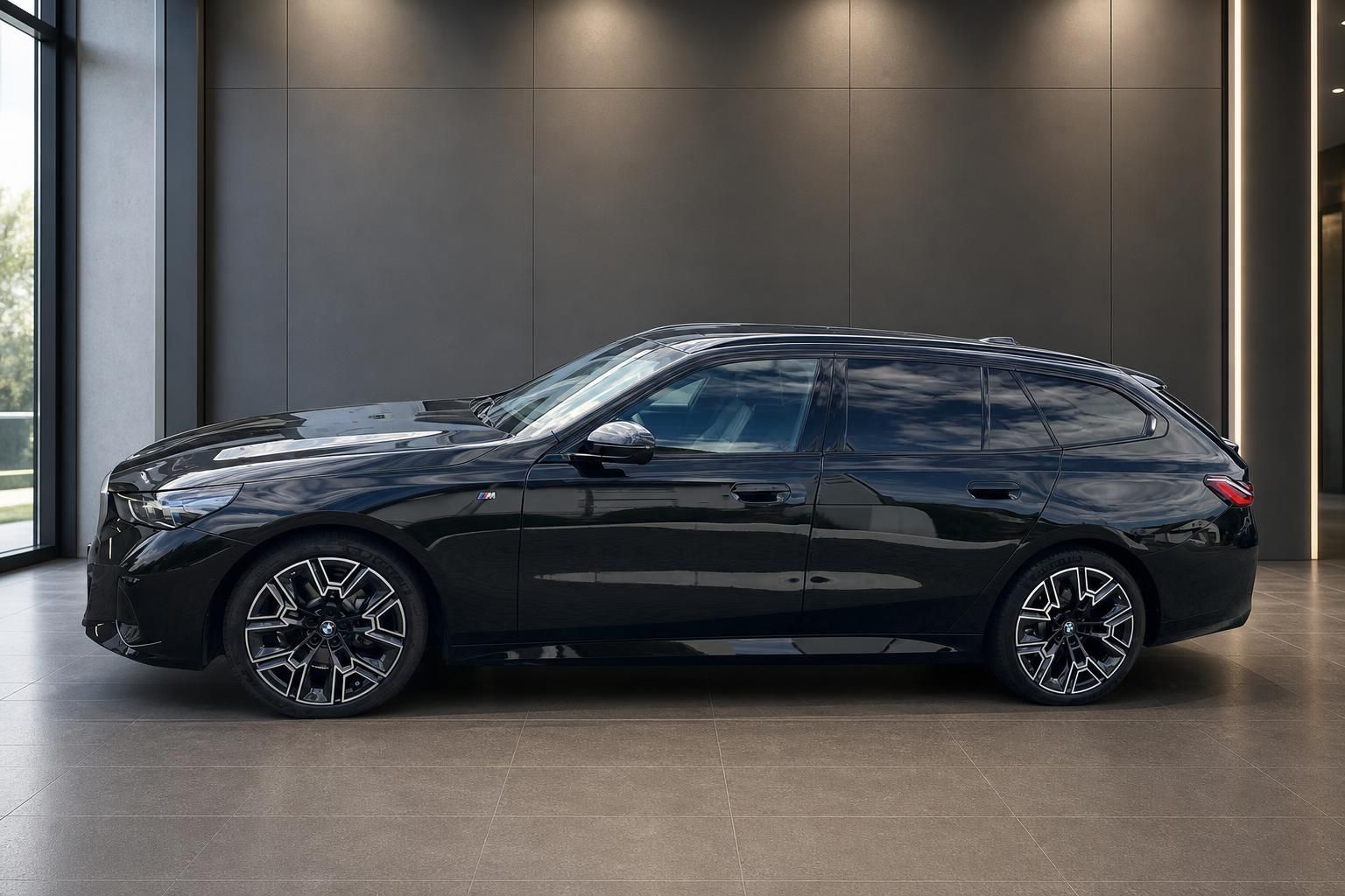 BMW 5er Touring schwarz, Seitenansicht mit M Felgen im Autohaus