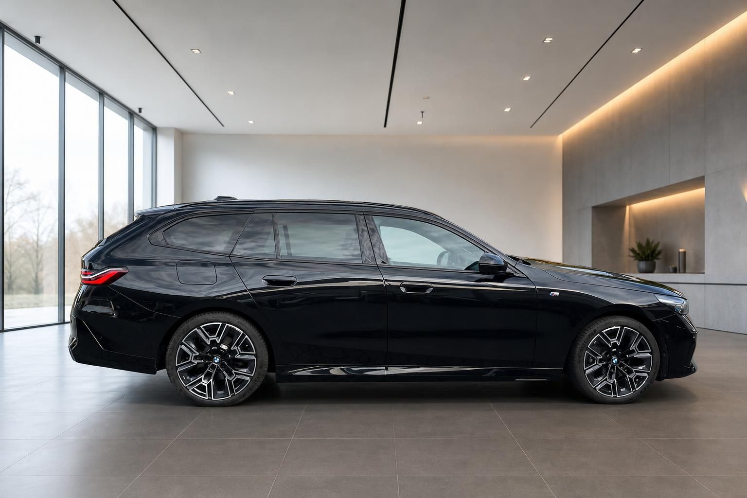 BMW 5er Touring schwarz Seitenansicht in Ausstellungsraum