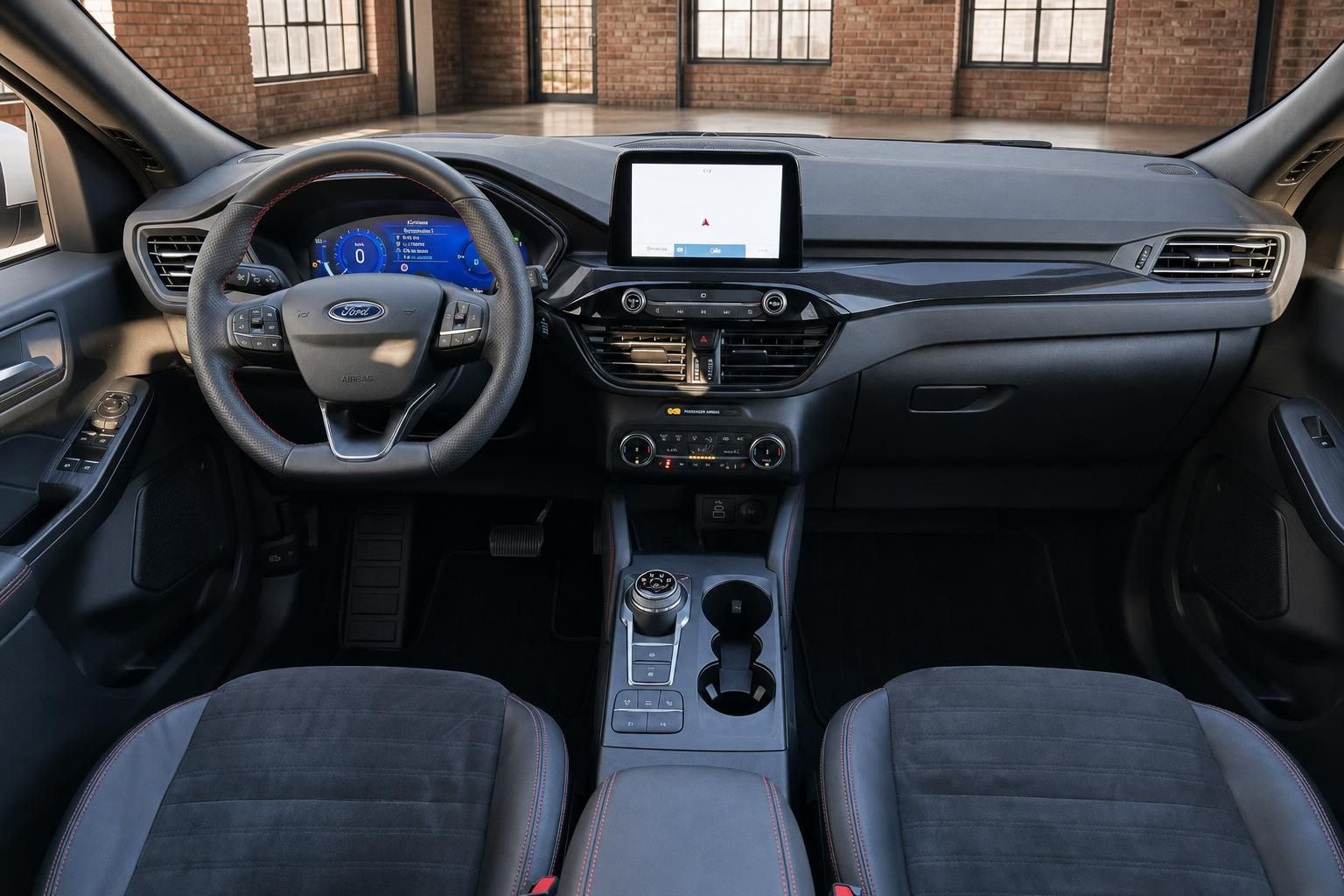 Ford Innenraum Frontansicht mit Cockpit, Lenkrad und Sitzen