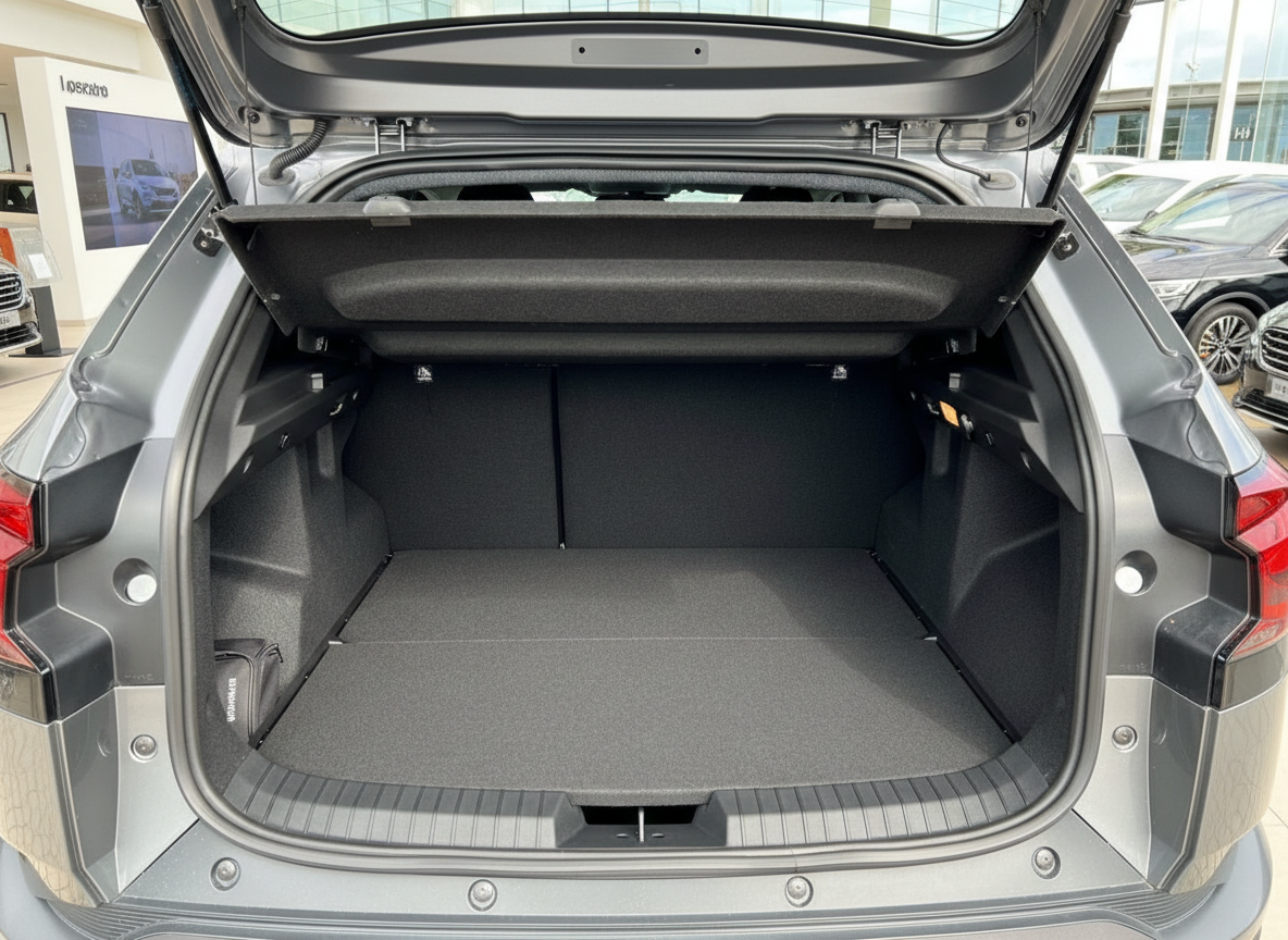 Grauer SUV Kofferraum geöffnet – geräumiger Laderaum mit schwarzer Auskleidung im Autohaus