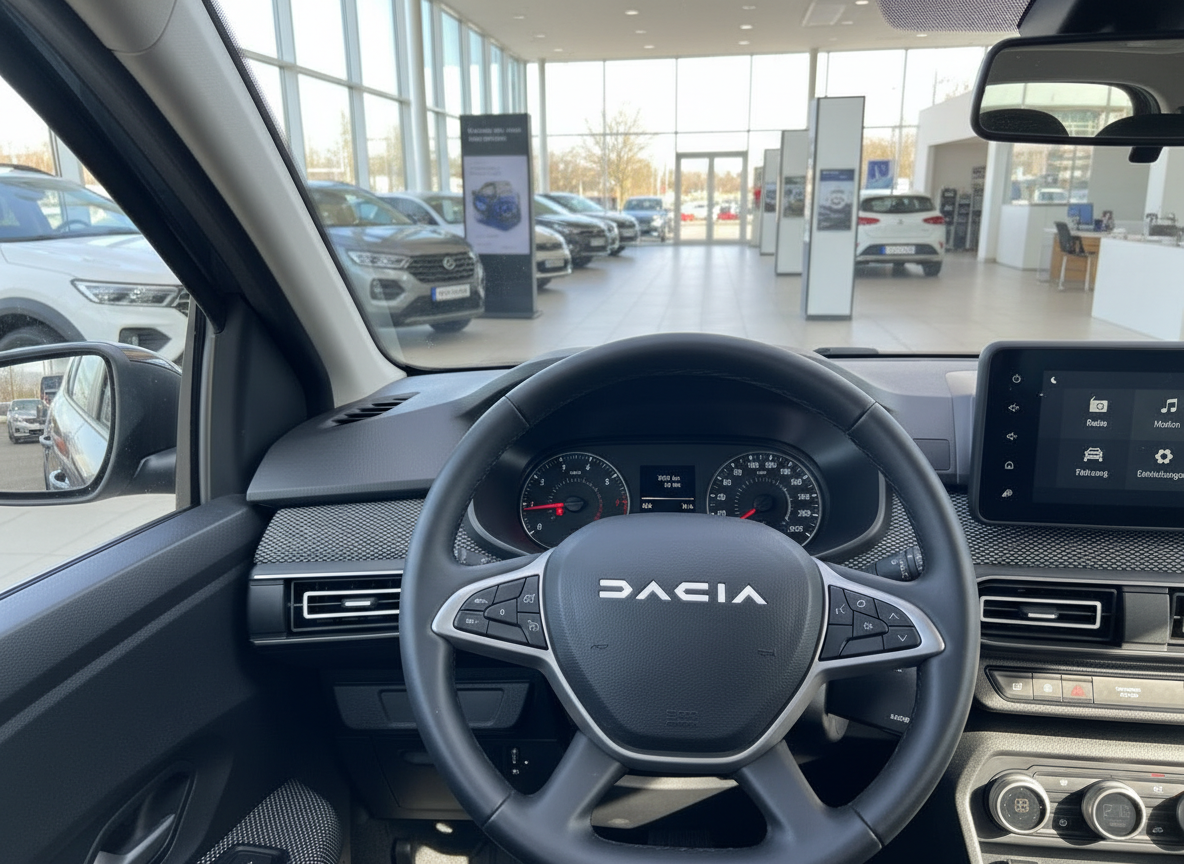 Dacia Innenraum mit Lenkrad, Armaturenbrett und Infotainment-Display im Autohaus