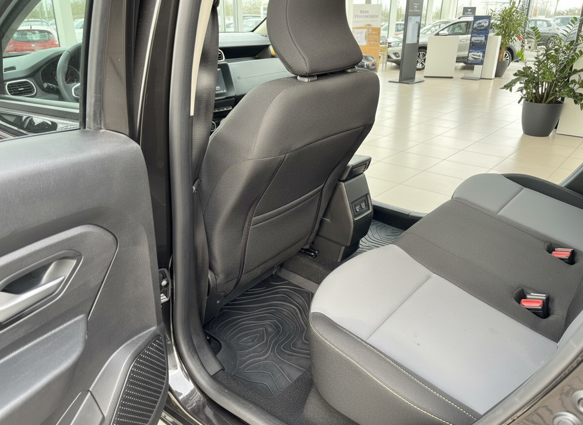 Fahrzeug Innenraum Rücksitzbereich mit grauen Stoffsitzen und schwarzem Fußmatten im Autohaus