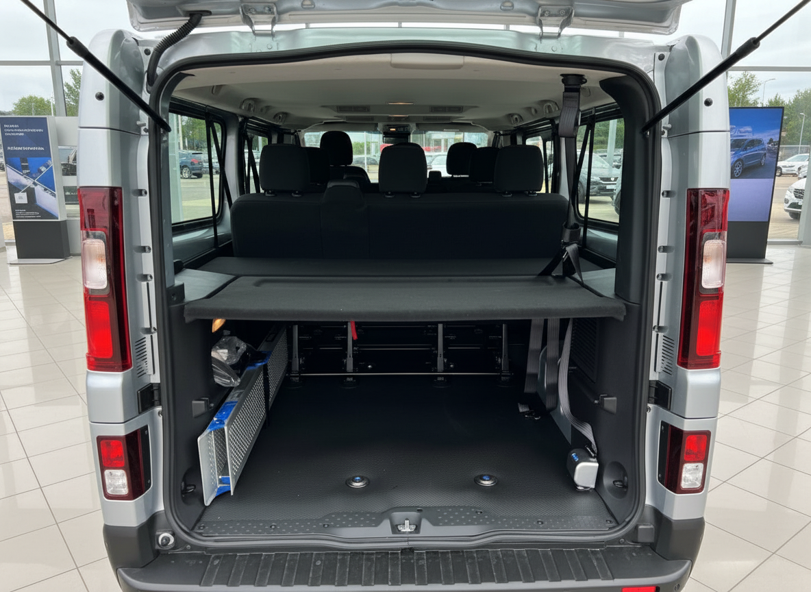 Silberner Transporter Innenraum mit geöffneter Heckklappe, Passagierbestuhlung und Laderaum