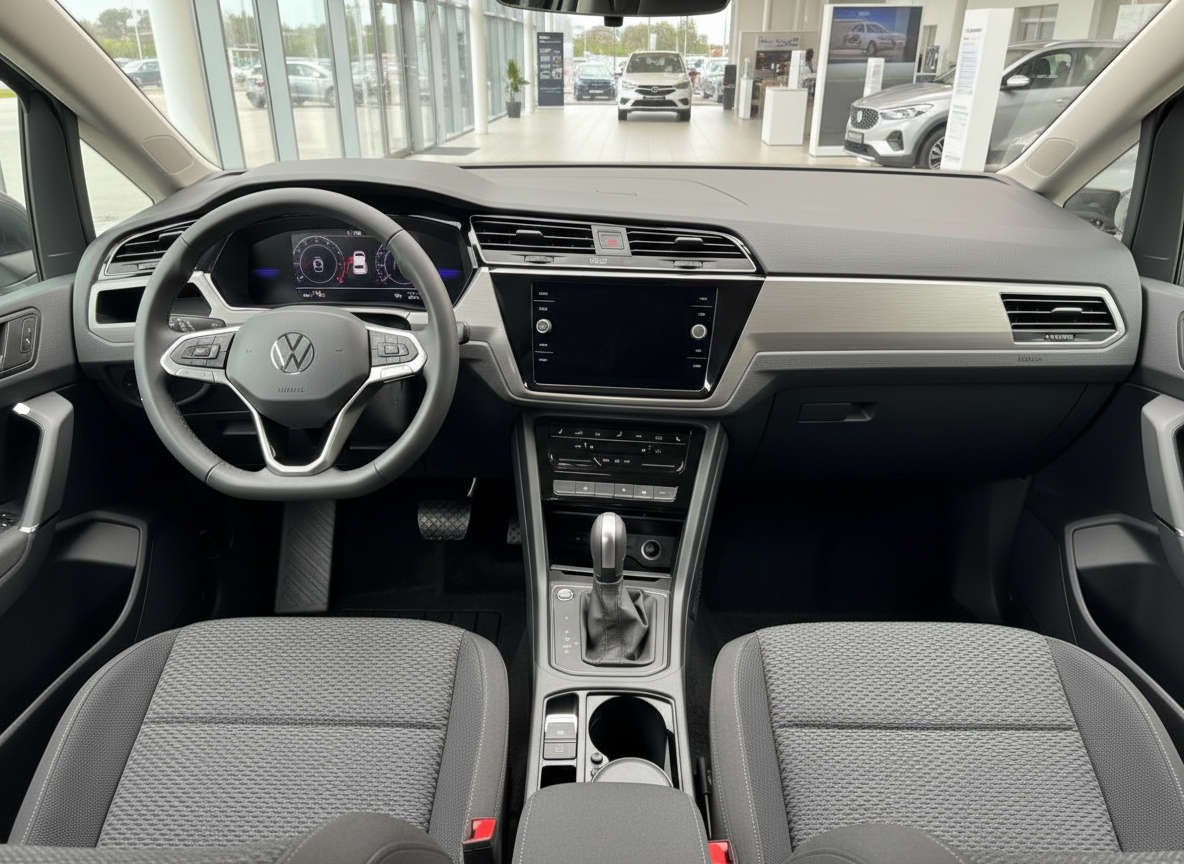 Volkswagen Touran Innenraum mit Cockpit, Lenkrad und Infotainmentsystem im Autohaus