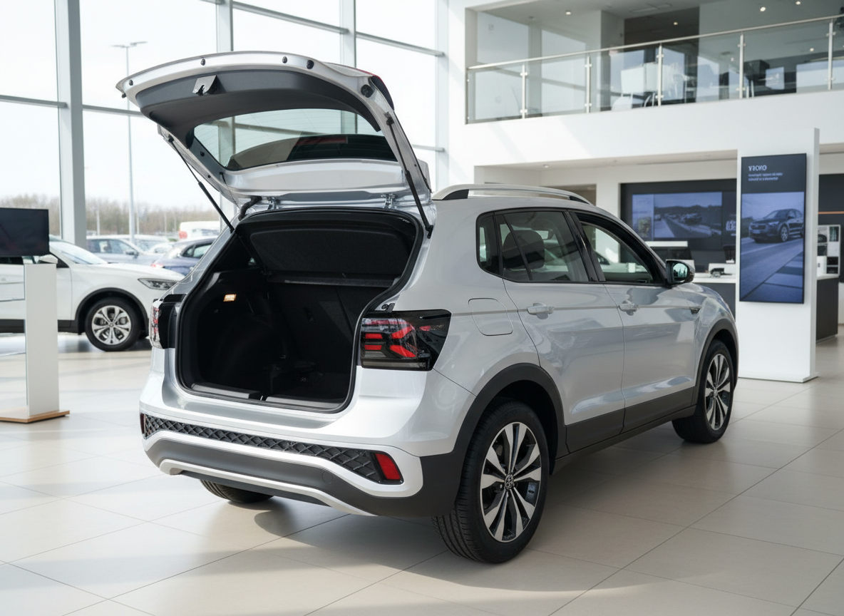 Silberner SUV mit geöffneter Heckklappe im Autohaus-Showroom
