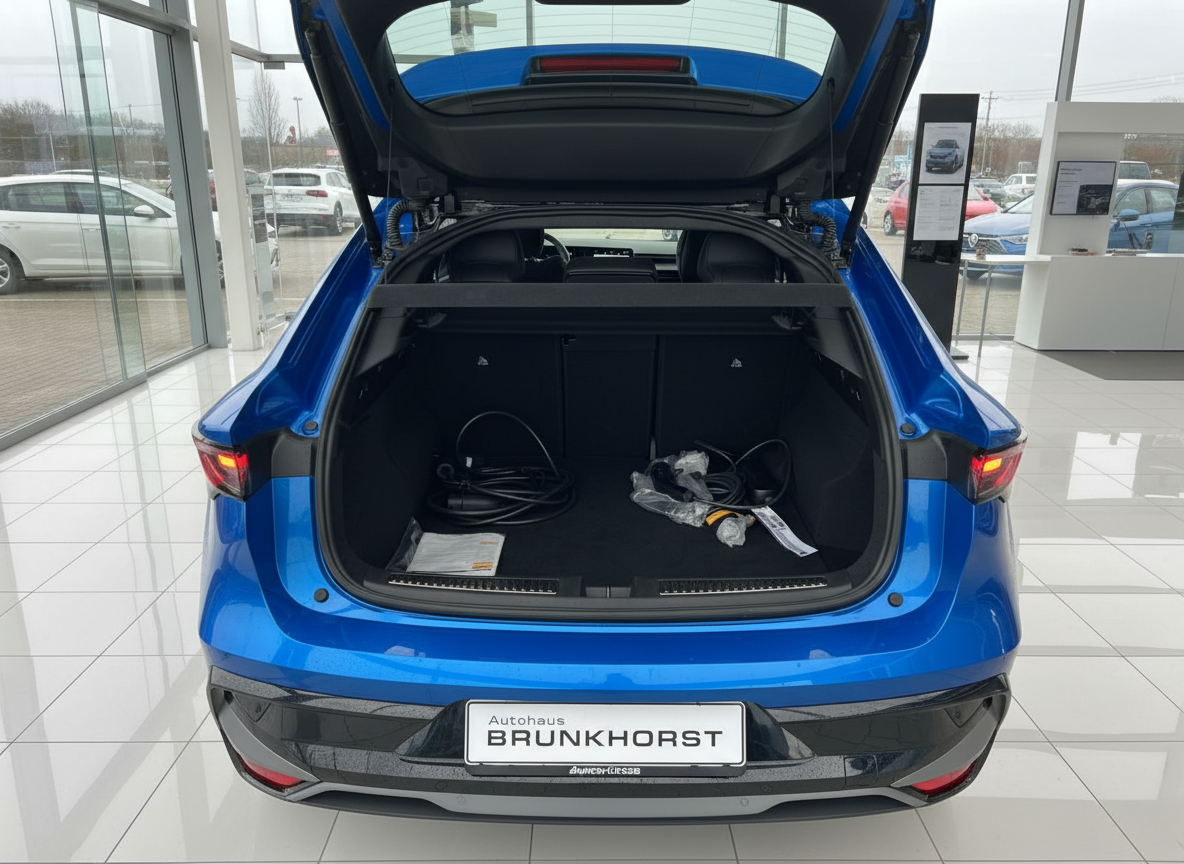 Blauer Elektro-SUV mit geöffnetem Kofferraum und Ladekabel im Autohaus Brunkhorst