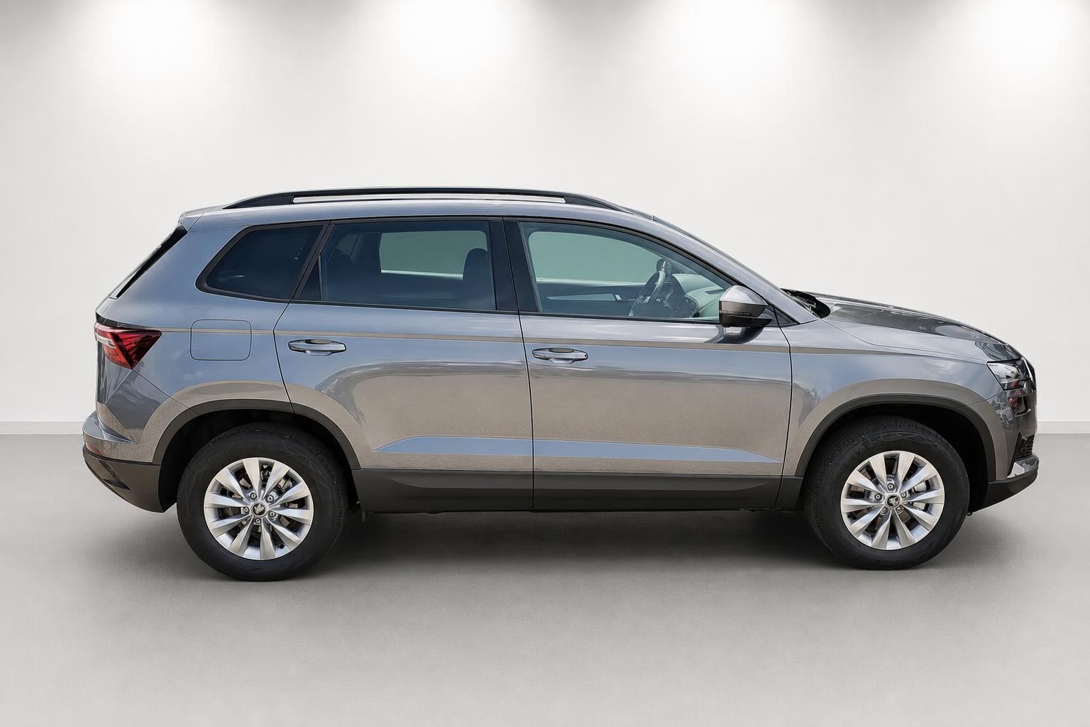 Skoda Karoq Seitenansicht in grau-metallic, SUV im Studio