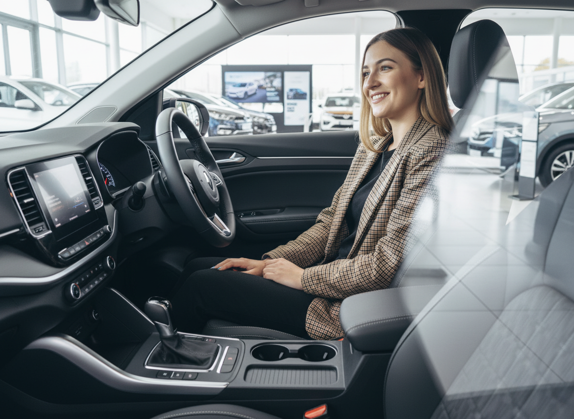 Frau sitzt lächelnd im Fahrersitz eines modernen Fahrzeugs in einem Autohaus