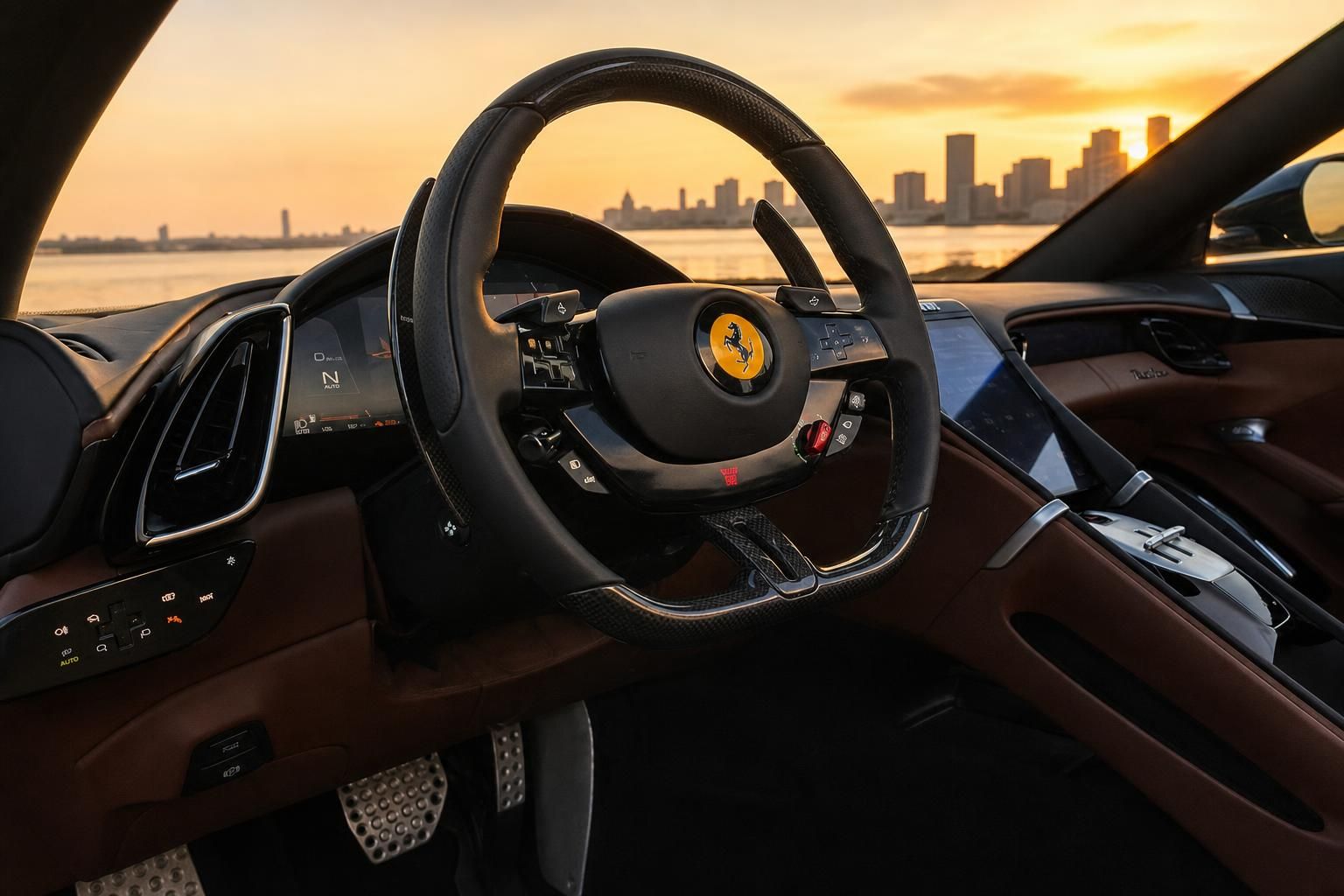 Ferrari Innenraum mit Lenkrad, digitalem Display und braunen Lederdetails bei Sonnenuntergang
