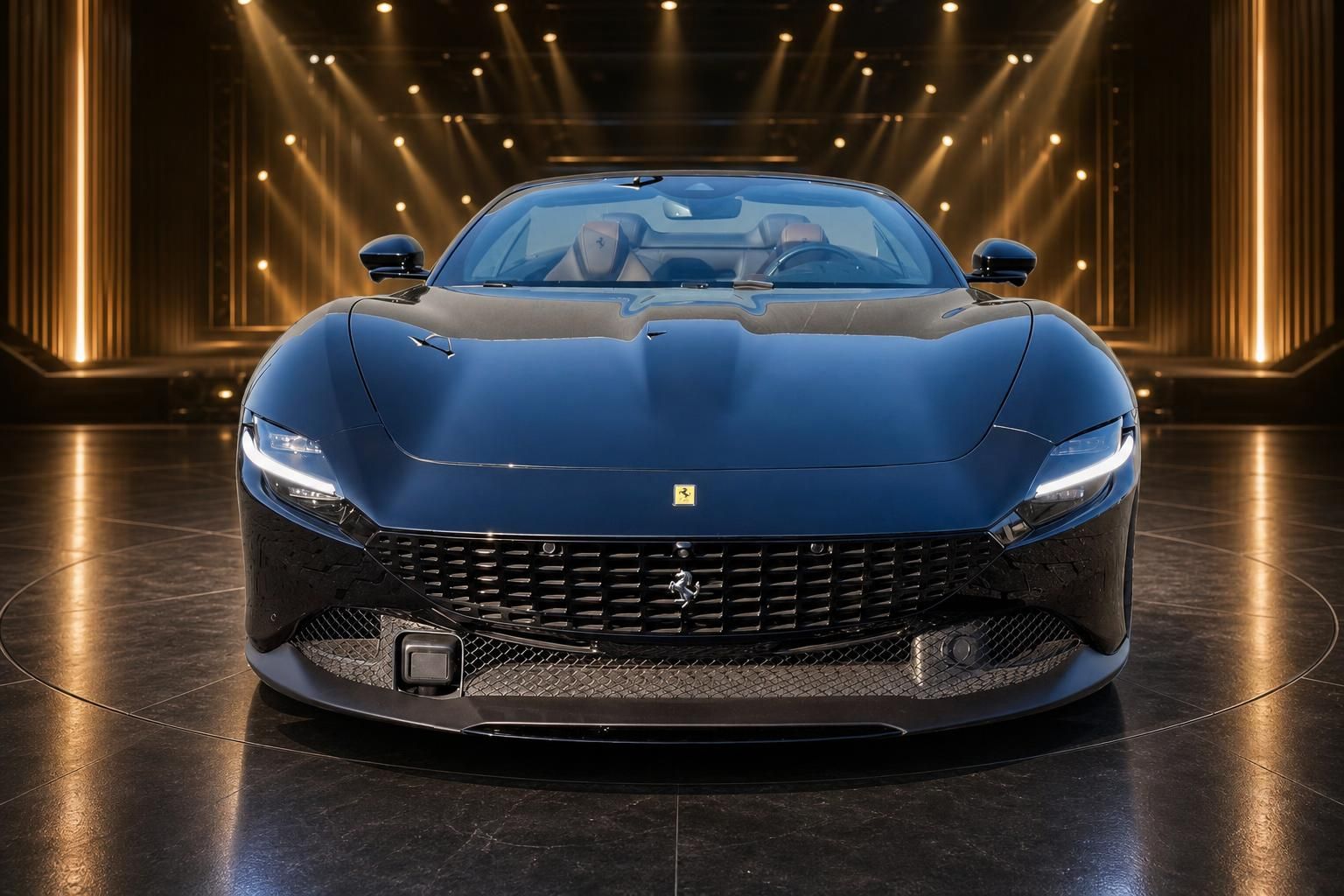 Ferrari Sportwagen Frontansicht in dunklem Showroom - elegante Frontpartie mit charakteristischem Grill