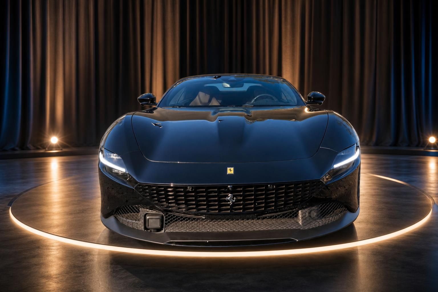 Ferrari Sportwagen Frontansicht in dunklem Blau mit LED-Scheinwerfern auf beleuchtetem Showroom-Podest