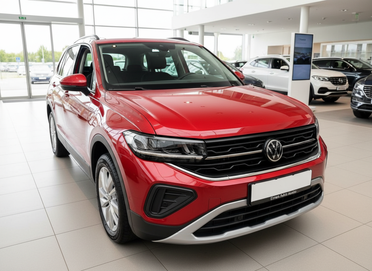 Roter Volkswagen T-Cross SUV Frontansicht im Autohaus