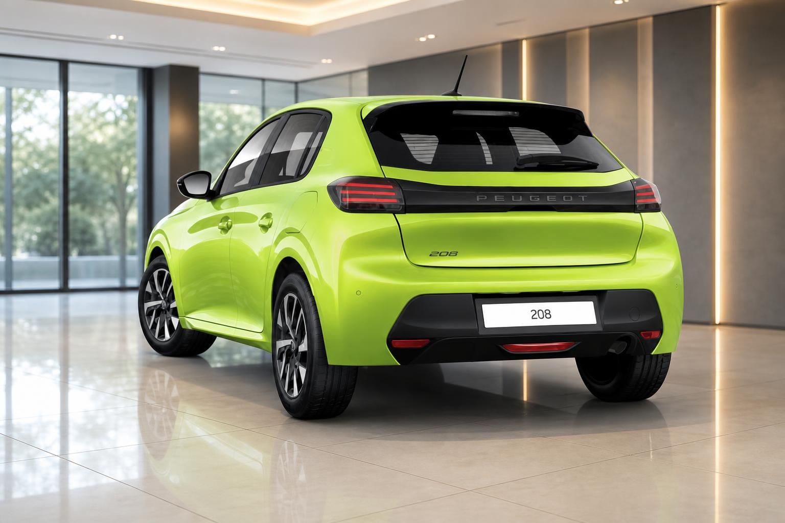 Peugeot 208 in Grün, Heckansicht in modernem Showroom