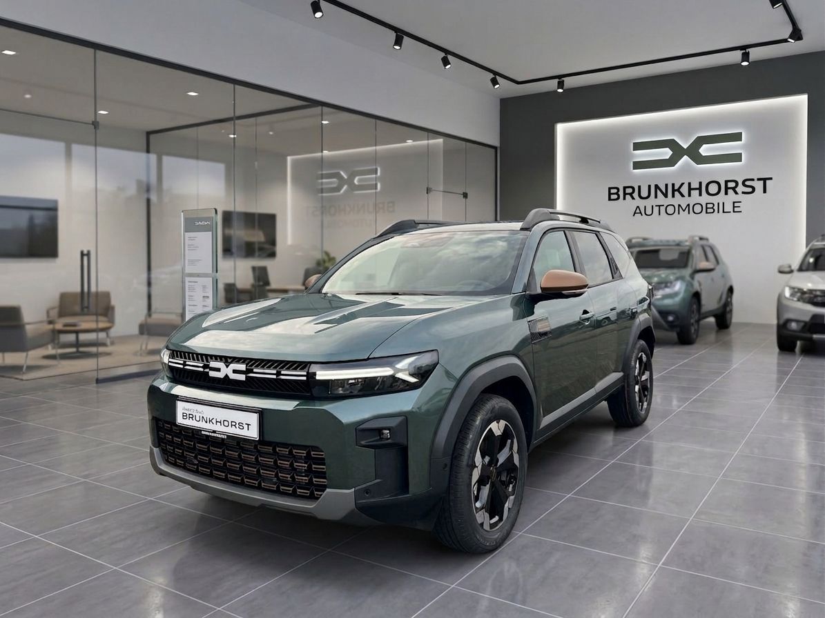 Grauer Dacia SUV im modernen Autohaus Brunkhorst - Seitenansicht mit LED-Scheinwerfern