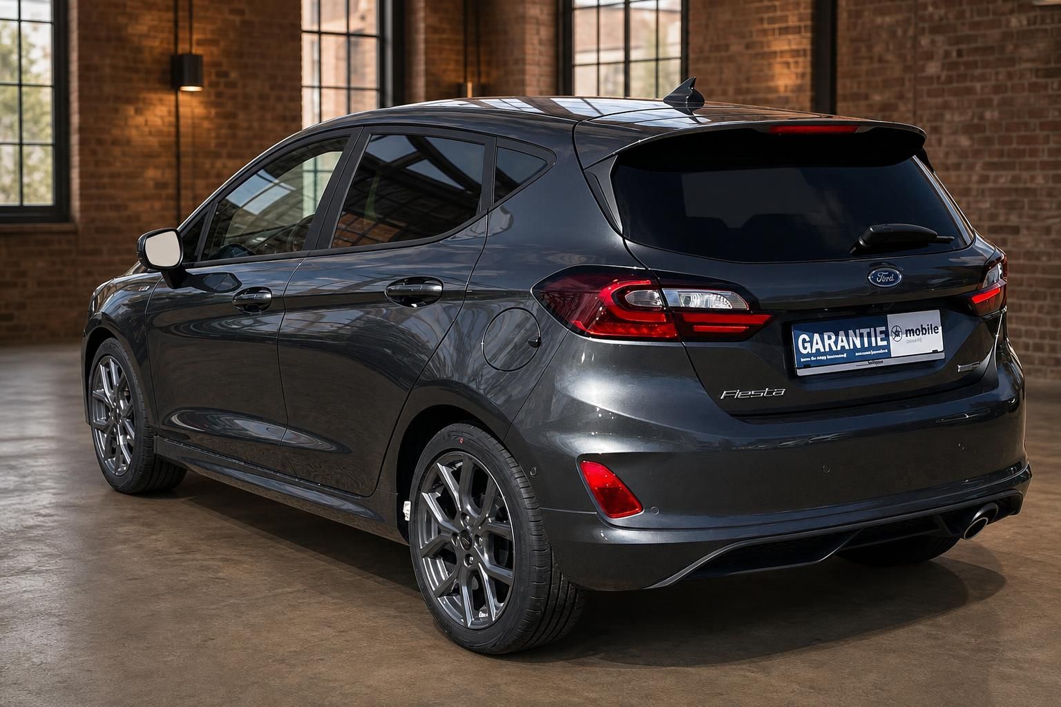 Ford Fiesta grau Heckansicht schräg links im Innenraum mit Kennzeichenhalter Garantie Mobile