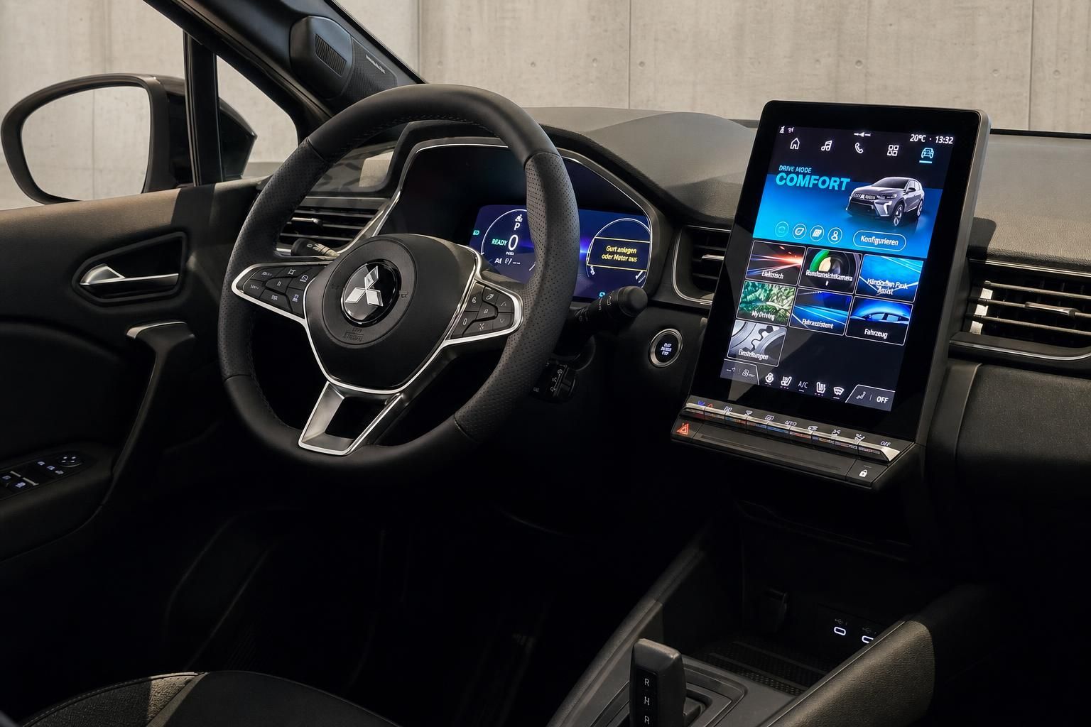 Lenkrad und Touchscreen mit Fahrmodus Comfort im Mitsubishi Innenraum