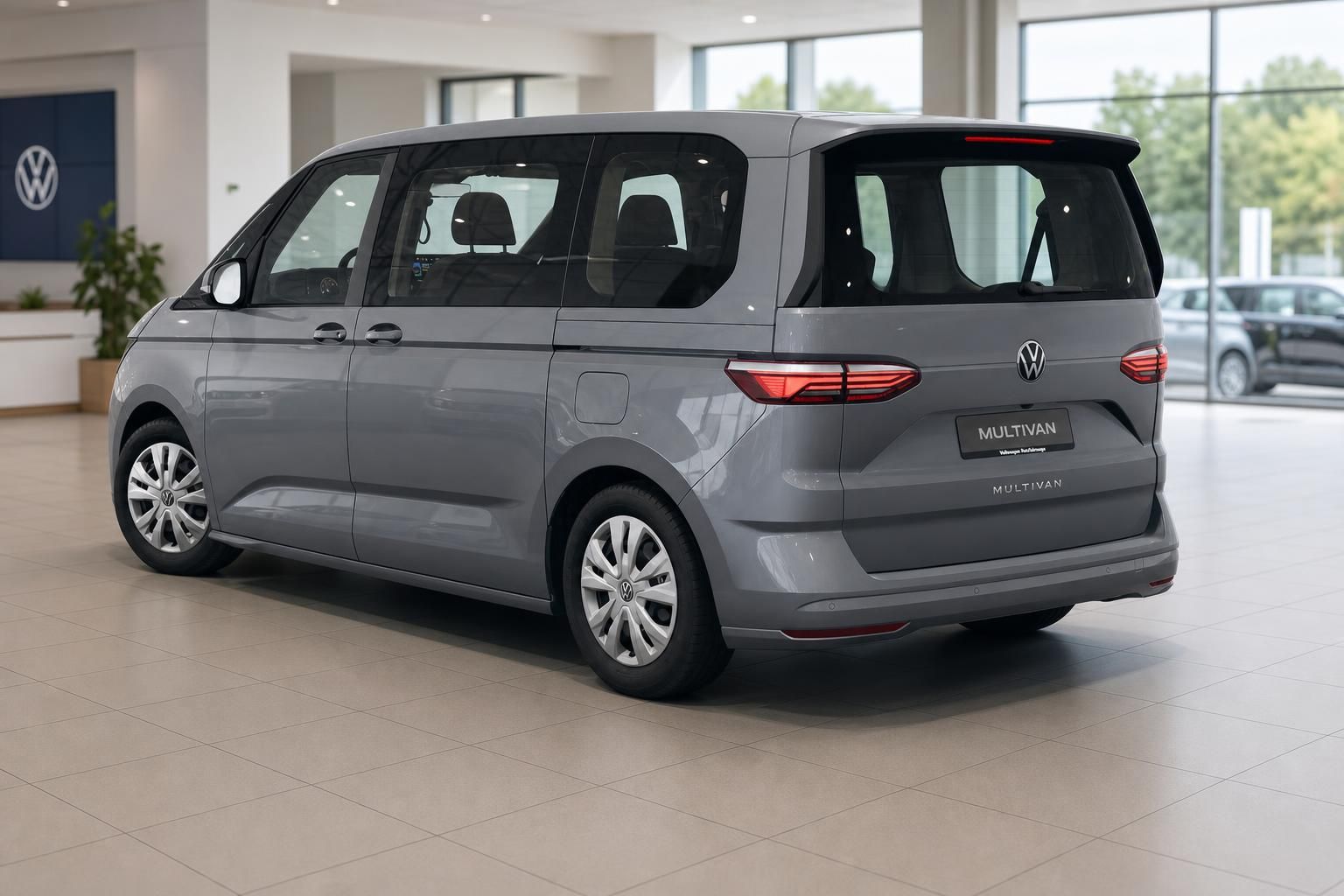 VW Multivan grau Heckansicht im Autohaus mit LED-Rückleuchten und Multivan-Schriftzug