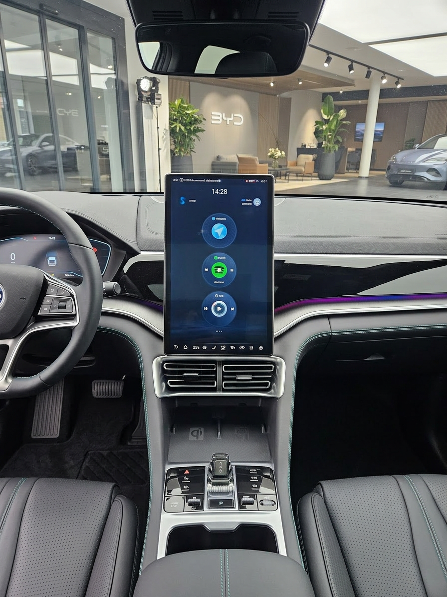 Innenraum mit großem Touchscreen-Display und Ledersitzen mit grünen Ziernähten