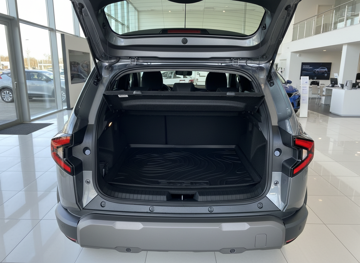 Grauer SUV Kofferraum geöffnet im Autohaus – Laderaumansicht mit Gummimatte