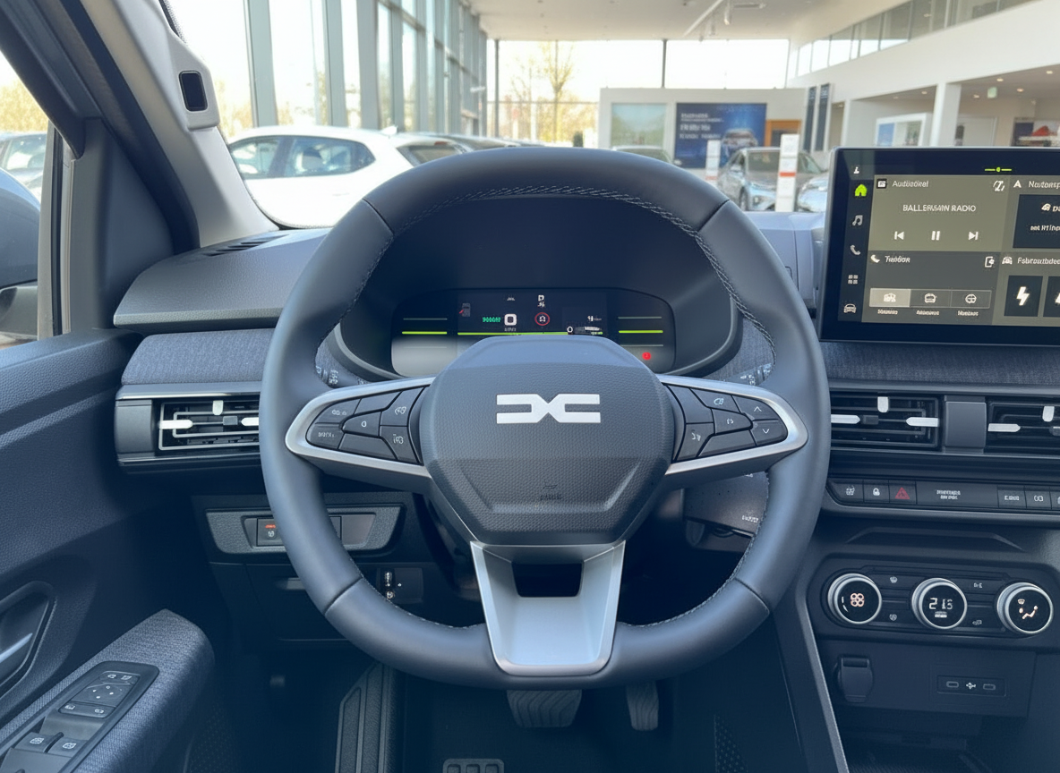 Dacia Innenraum mit Lenkrad, digitalem Cockpit und Infotainment-Touchscreen im Autohaus