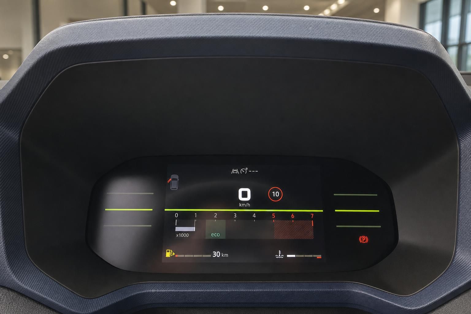 Digitales Kombiinstrument mit Tachoanzeige und Bordcomputer im Fahrzeug