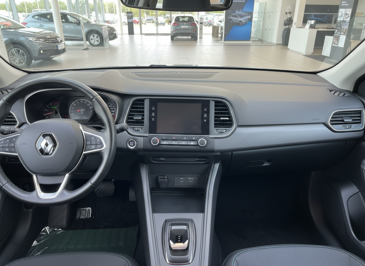 Renault Innenraum mit Lenkrad, Touchscreen-Infotainment und automatischem Getriebe im Autohaus