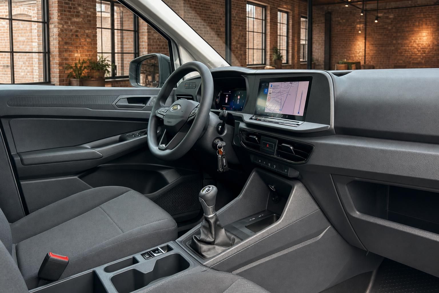 Cockpit Ansicht mit Navigationssystem und Schaltknauf im Innenraum