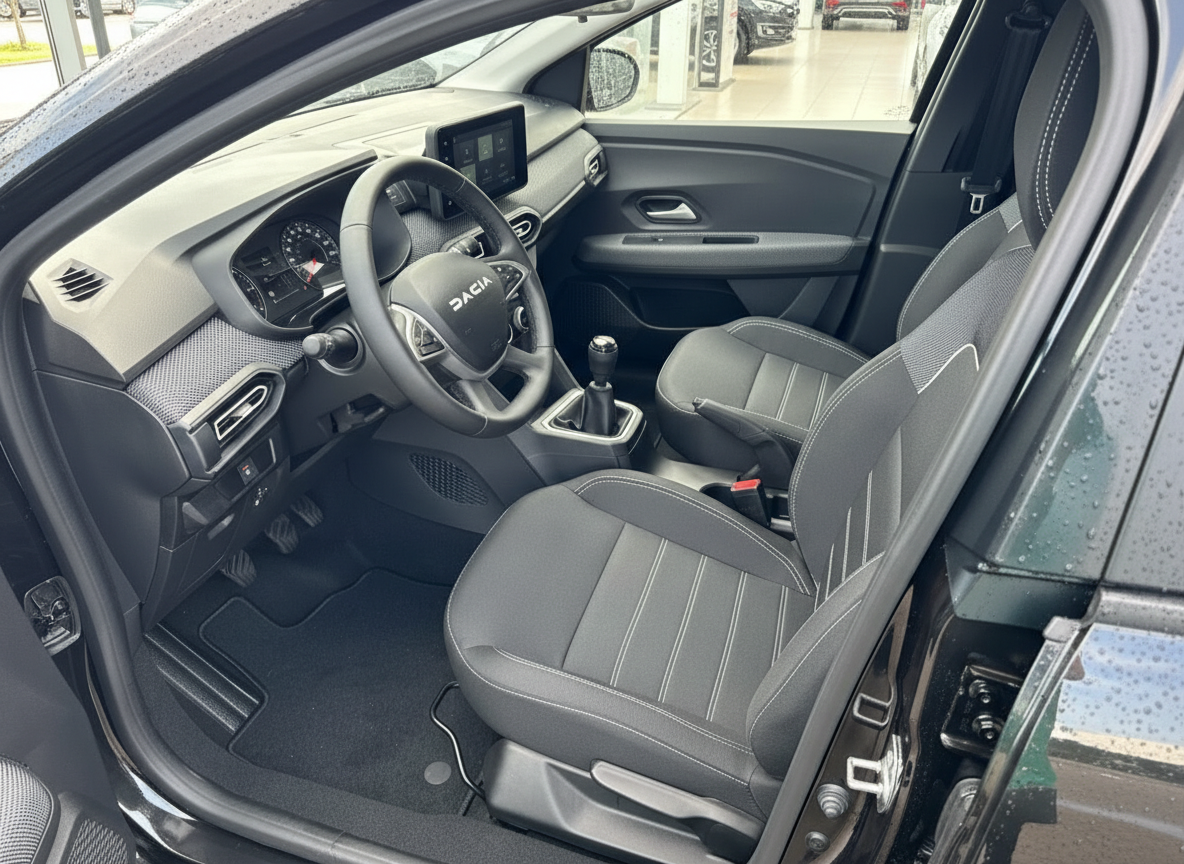Dacia Innenraum mit schwarzen Stoffsitzen, Lenkrad und Schaltgetriebe – modernes Cockpit