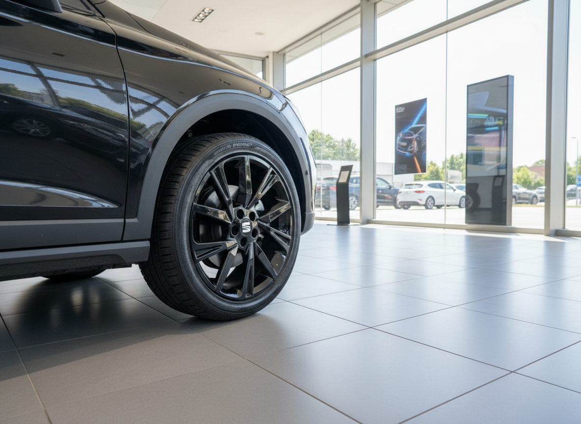 Schwarzer SEAT SUV im Autohaus-Showroom, Nahaufnahme Vorderrad mit schwarzer Alufelge