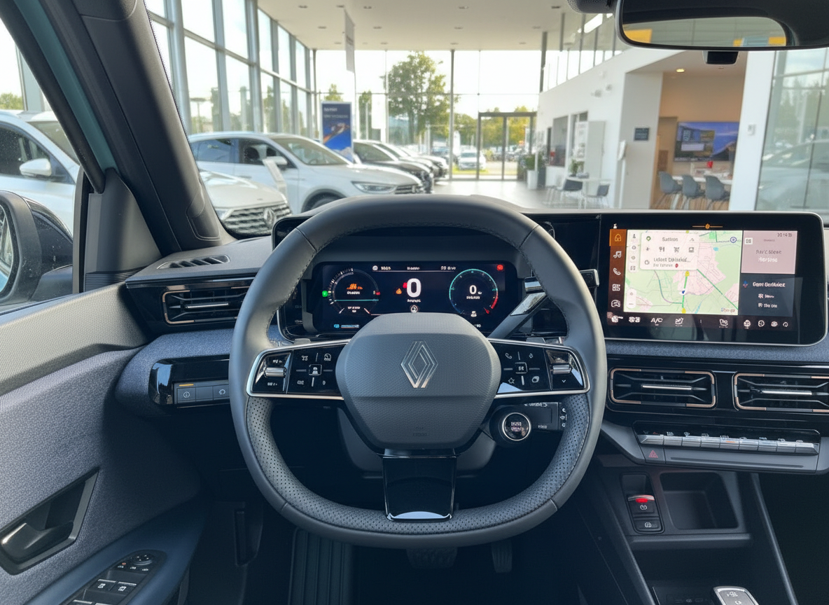 Renault Innenraum Cockpit mit digitalem Tacho, Lenkrad und Infotainment-Navigation im Autohaus