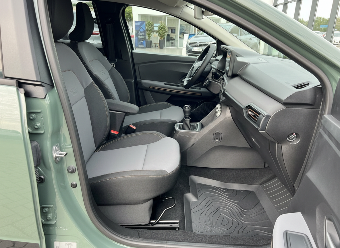 Innenraum eines grünen Citroën Berlingo mit grauen Stoffsitzen und Schaltgetriebe