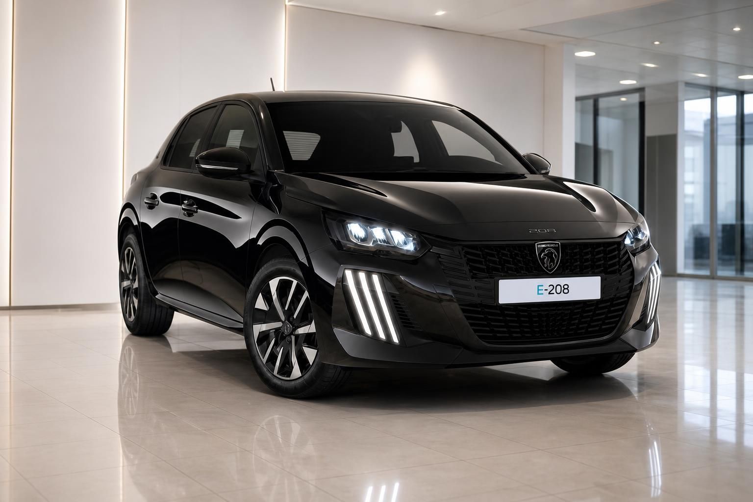 Peugeot e-208 schwarz Frontansicht mit LED-Scheinwerfern