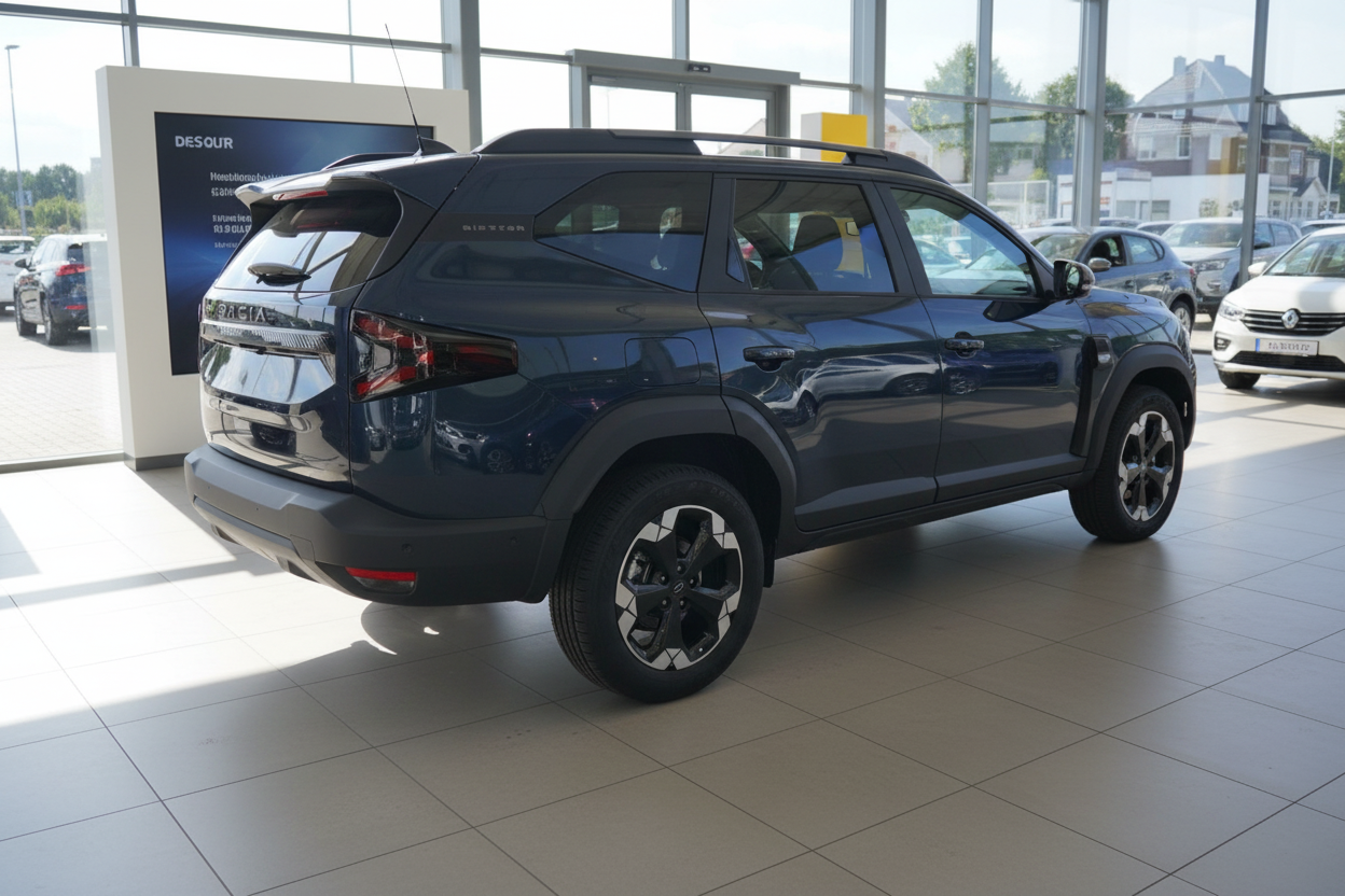 Dacia Bigster SUV in Dunkelblau Heckansicht im Autohaus Desour Showroom