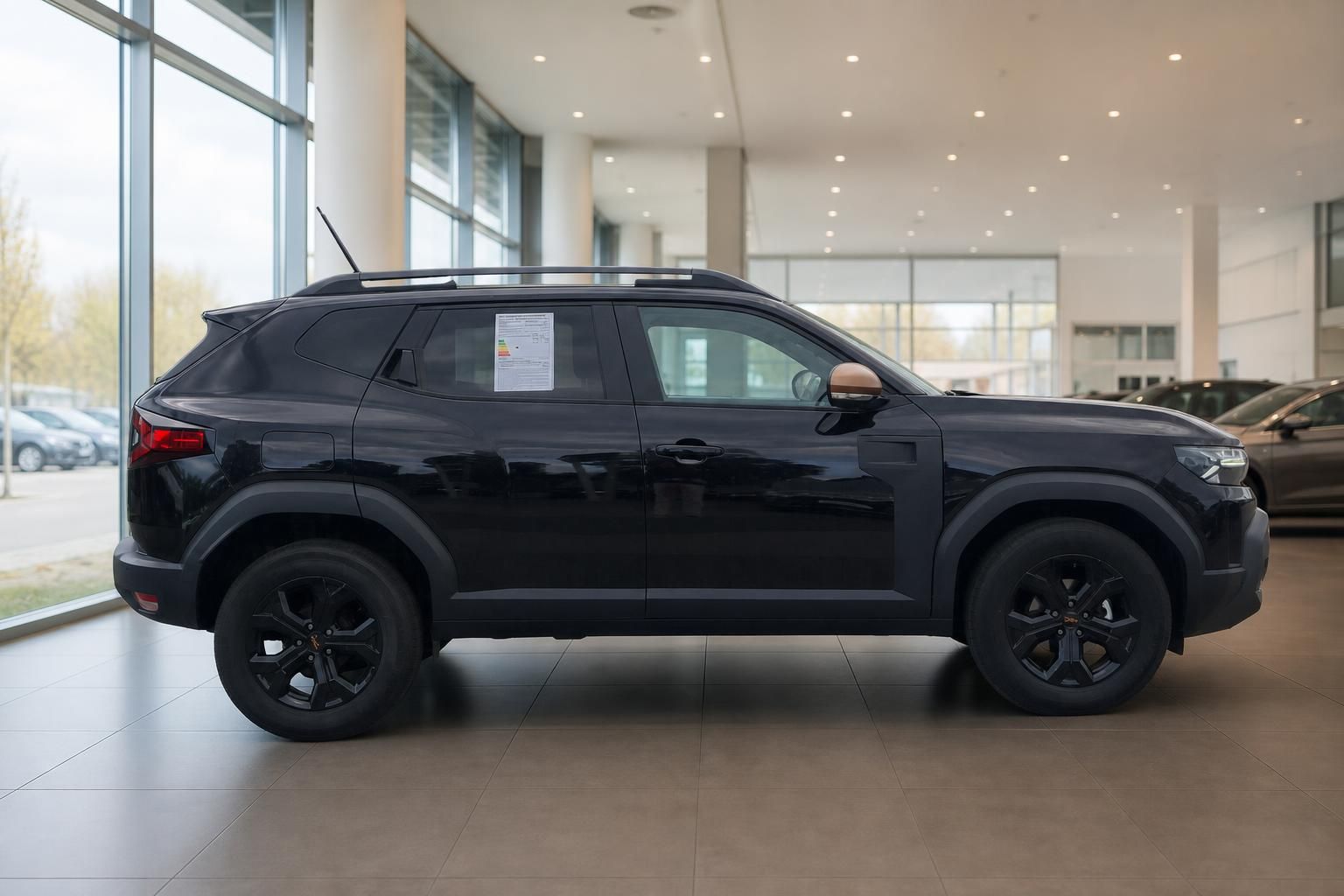 Dacia Duster schwarz Seitenansicht im Autohaus Showroom